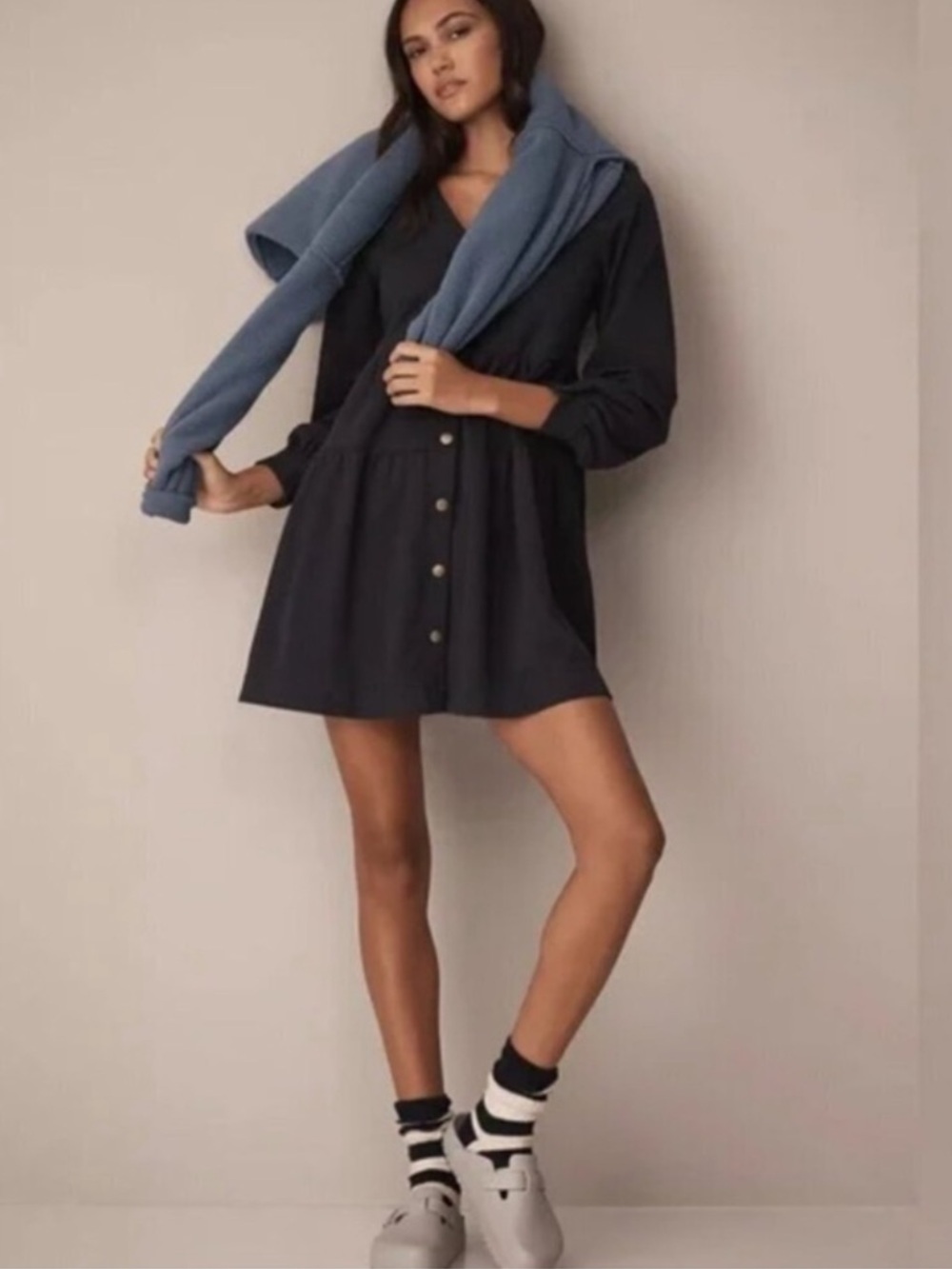 New! Anthropologie Sundays by weareysunday Black Button-Front Flowy Mini Dress